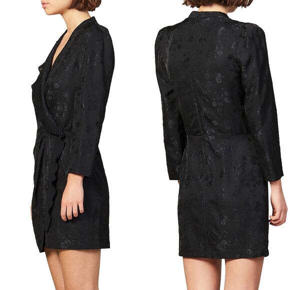 Sandro Wells Dress Black Jacquard Size 8 Long Sleeve Wrap Pleated Chic French - Picture 2 of 16